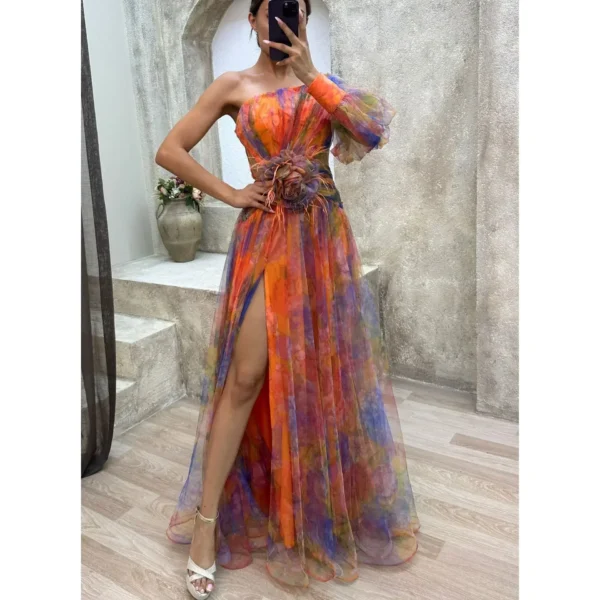 Women New Party Mesh Sloping Shoulder Dress Casual Fashion Sexy High Waist Long Maxi Loose Dress - Imagen 5