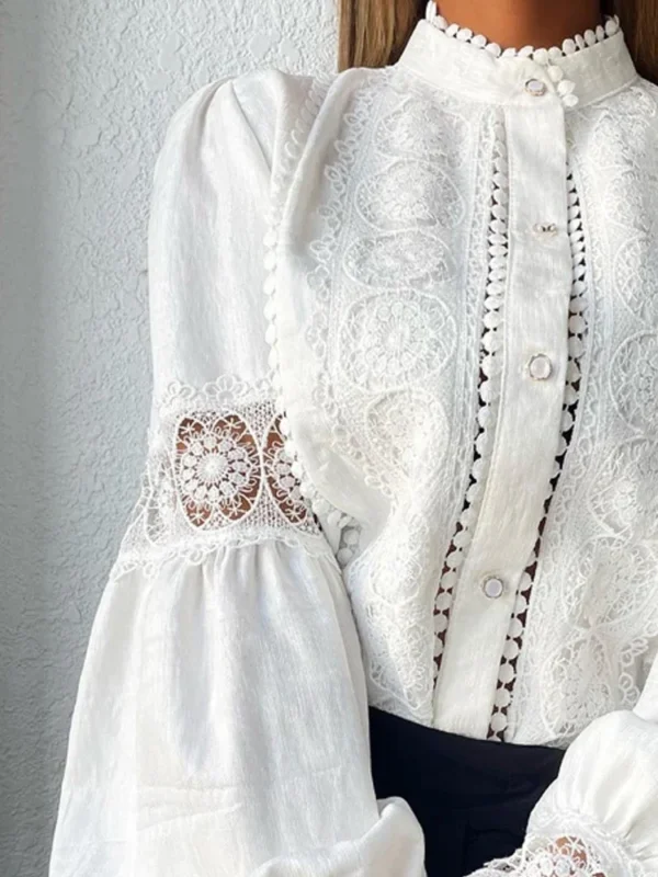 White Lace Blouses Women Elegant Solid Casual Lace and Button Hook Flower Hollow Puff Sleeves Blouse Top Lady Office Shirts - Imagen 2