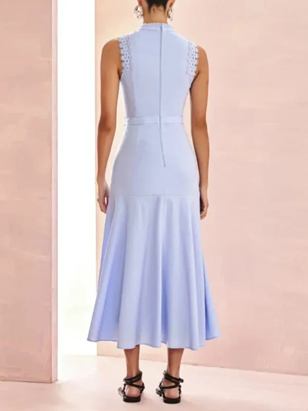 VGH Solid Embroidery Elegant Long Dresses For Women Stand Collar Sleeveless High Waist Hollow Out A Line Dress Female New 2024 - Imagen 4
