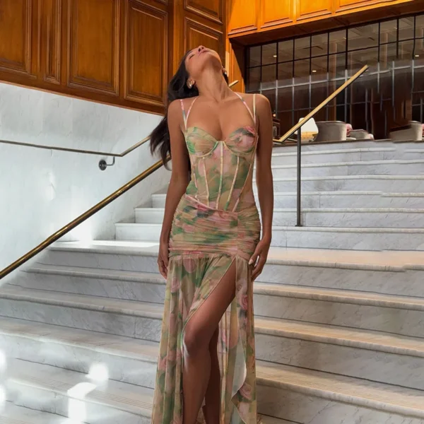 2025 summer sexy suspender printed vacation beach high waist slim slit dress female elegant club clothing Vestidos