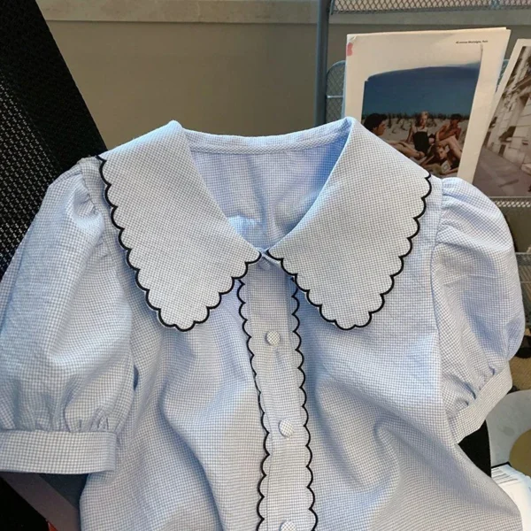 Sweet Lace Peter Pan Collar Blouse Shirts Women 2024 New Summer Single Breasted Short Sleeve Ladies Tops Vintage Plaid Blusas - Imagen 3