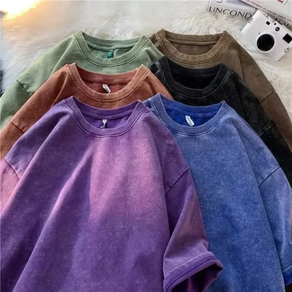 American Style Retro Heavyweight Solid Color Short Sleeved T-shirt Men Women Summer Street Trendy Washed Old Oversized Clothes - Imagen 5