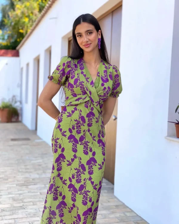 Fashionable Contrast Printed Dress With Elegant Temperament, Slim V-Neck Short-Sleeved Sexy Casual Vacation Style Women'S Dress - Imagen 3