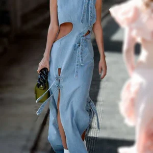 Women Denim Dress Fashion High Waist Hollow Out Long Party Dress Sexy Cutout Sleeveless Thigh Stand Collar Slit Maxi Dresses