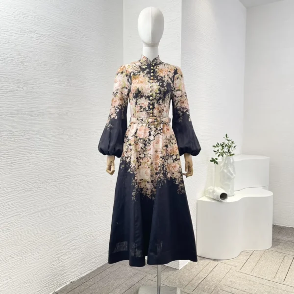 White Re-tro Floral Print 2024 New Spring Summer Elegant Collection Long Lantern Sleeve Belted High Quality Linen Mini Dresses - Imagen 2