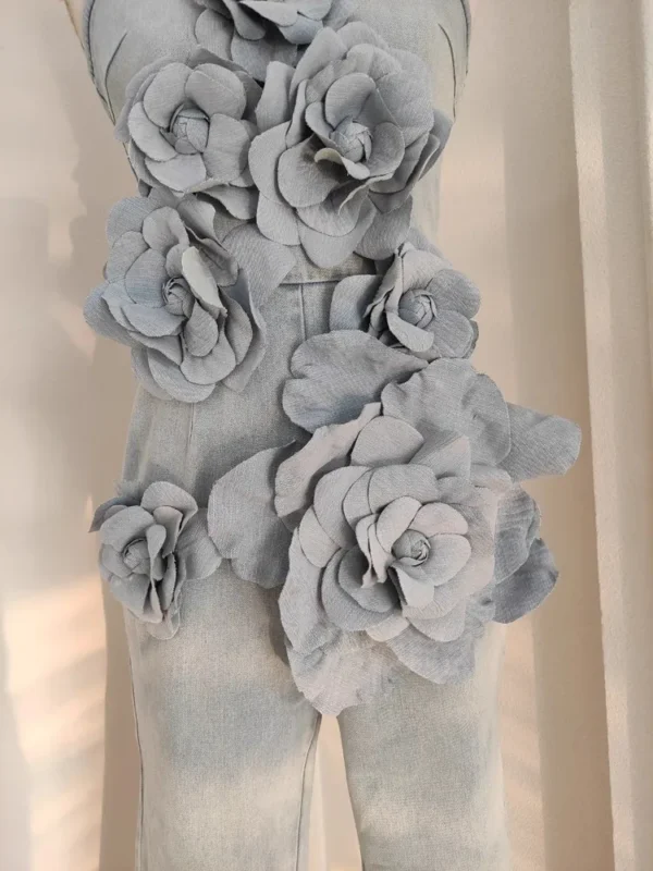 3D Appliques Flower Strapless Demin Jumpsuits For Women Off Shoulder Sleevelss Solid Color High Waist Full Length Overalls New - Imagen 4