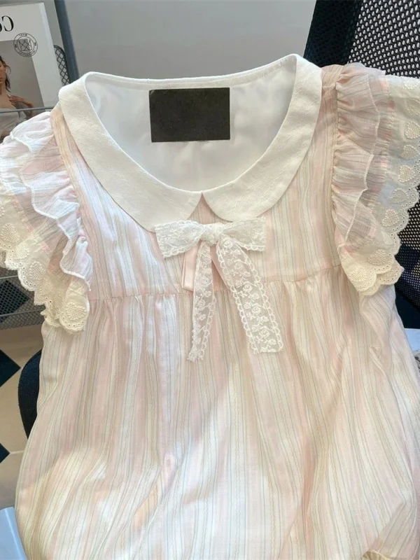 Zoki Women Cute Striped Shirt Vintage Sweet Lace Bow Flying Sleeve Kawaii Blouse Casual Summer Peter Pan Collar Lady Design Tops - Imagen 5