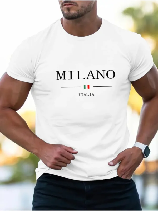 Summer men's casual sports loose plus MILANO print comfortable shopping round neck short sleeved T-shirt top - Imagen 4