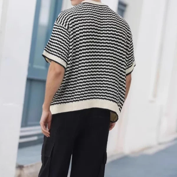 Stylish Contrast Color Striped Knit Polo Shirt Men Summer Casual Knitted Short Sleeve Jumper Top Mens Vintage Button Lapel Polos - Imagen 3