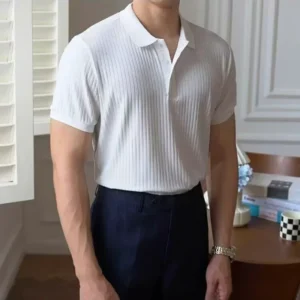 Male Casual Vintage Comfortable Lapel T-shirt Knitted Top 2025 New Summer Men Trendy Striped Solid Color Short Sleeve Polo Shirt