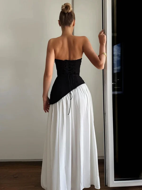 TARUXY Irregular Slit Vacation Long Dress For Women Elegant Contrast Slim Ribbon Dress Back Lace Up Female Strapless Summer New - Imagen 4