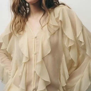 2025 Summer Sexy Women's Translucent Ruffles Blouses Fashion V-neck Single Breasted Tierred Causal Tops Beach Style Solid Shirts
