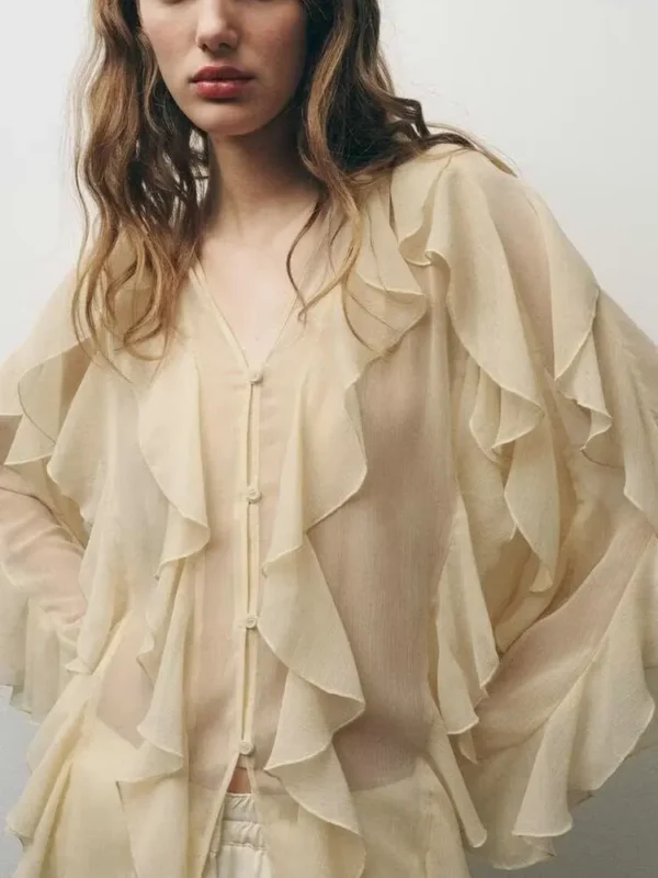 2025 Summer Sexy Women's Translucent Ruffles Blouses Fashion V-neck Single Breasted Tierred Causal Tops Beach Style Solid Shirts