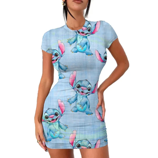 2022 Disney Stitch 3D Cartoon Print Tight Dress Short Sleeve Women's Tight Mini Dress Hip Print Kawaii beach party Women's Dress - Imagen 3