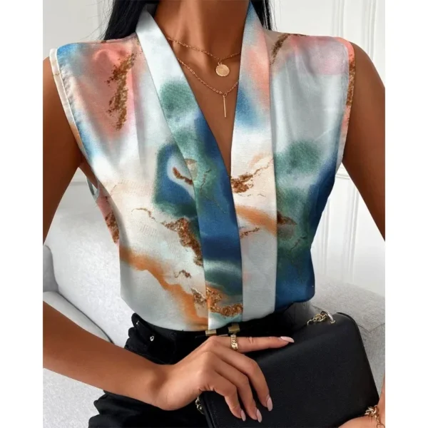 New Women's Office Shirts Summer Lady Sleeveless V-neck Print Elegant Women Blouse Top Streetwear Female Clothing