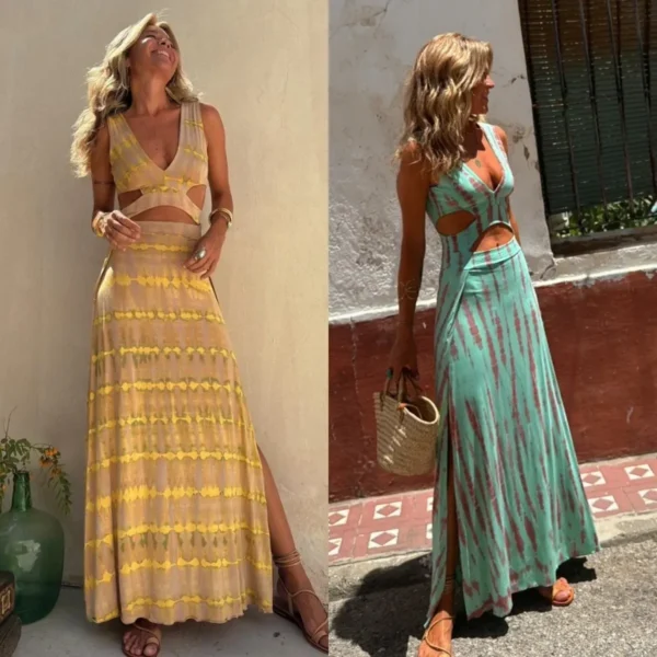 Women Printed Sleeveless Hollow Out Sexy Slim Skinny Long Dress Summer V Neck Dress