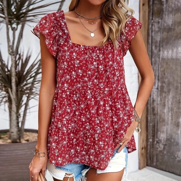 Plus Size Women's Shirts, Floral Print Square Collar Layered Shirts, Loose Fit, Suitable for Work Clothing and Vacation