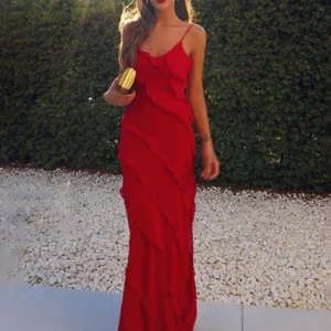 2024 Summer Fashion New Elegant Women's Sexy Chiffon Vacation Style Sling Dress with Ruffle Edge Style Long Dress