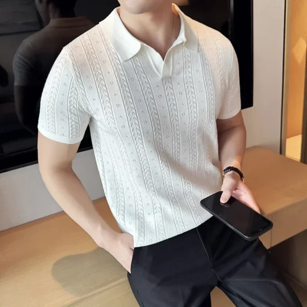Men's Polo Shirt, Striped Jacquard Knit Short Sleeve, T-shirt V-neck Solid Color Elastic Top 2024. M-3XL,Summer Purple Thin - Imagen 3
