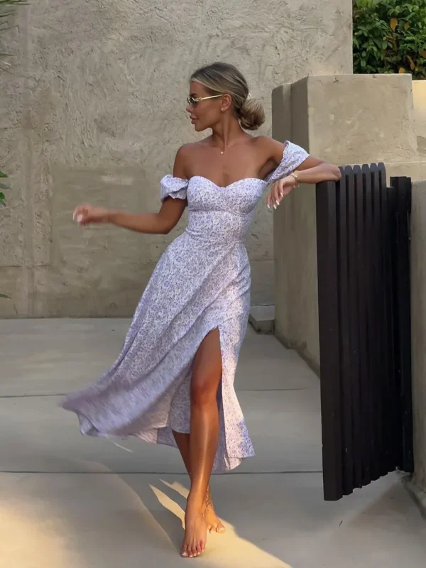 Wolfeel Women's Off Shoulder Floral Dress Summer New Fashionable Slit Long Slim Fit Print Dress Sexy Hot Girl Evening Dresses - Imagen 6