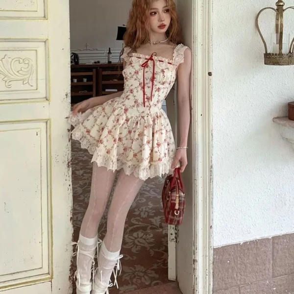 Y2K Sweet Floral Dress Set Woman Casual Red Short Cardigan Elegant Lace Mini Dress Female Korean Prairie Chic Clothing Suit - Imagen 3