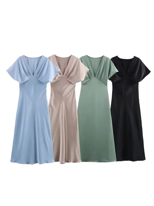 TRAFZA Women Elegant Solid Satin Dress Sexy V Neck Short Sleeve Midi Dress 2025 New Fashion Summer Lady Holidays Party Dress - Imagen 3