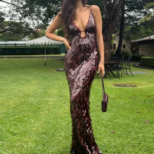 Droplet Sequined Slip Dragging Dress Women Sexy Deep V Sleeveless Backless Bodycon Party Evening Dresses Chic Ladies Gown Robes