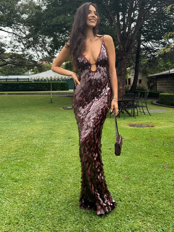 Droplet Sequined Slip Dragging Dress Women Sexy Deep V Sleeveless Backless Bodycon Party Evening Dresses Chic Ladies Gown Robes