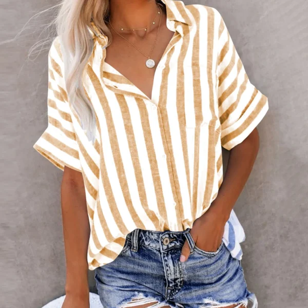 Womens Short Sleeve Shirts Fashion Striped Tops Lapel V Neck Button Down Shirts Dressy Casual Blouses Femme Sweet Lady Shirts