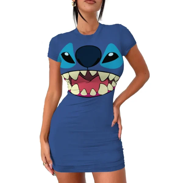 2022 Disney Stitch 3D Cartoon Print Tight Dress Short Sleeve Women's Tight Mini Dress Hip Print Kawaii beach party Women's Dress - Imagen 2