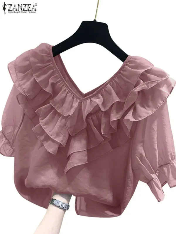 ZANZEA Women Solid Ruffle Blouse Vintage 3/4 Sleeve V-Neck Chemise 2024 Summer Office Chiffon Shirts Casual Loose Stitching Tops - Imagen 5