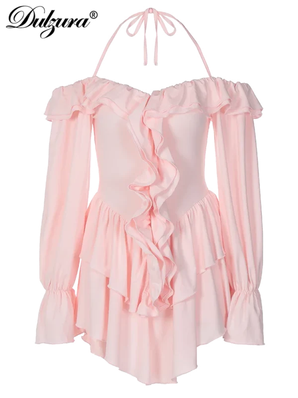 Dulzura Solid Pure Color Halter Ruffle Flare Sleeves Mini Dress 2024 Summer For Women Sexy Elegant Birthday Party Clubwear - Imagen 6