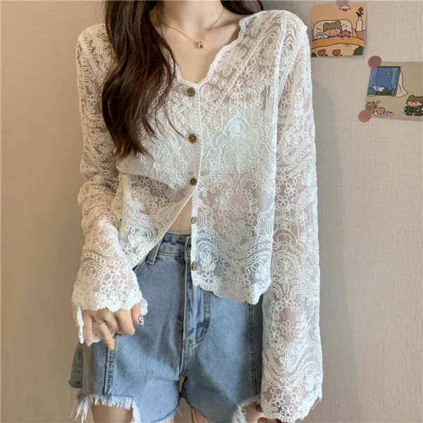 Vintage Summer Lace Blouses Women See Through Sheer Long Sleeve Sun Shirts Korean Style Casual Sun Protection Sexy Ladies Tops - Imagen 2