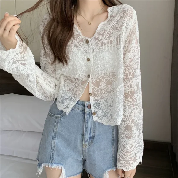 Vintage Summer Lace Blouses Women See Through Sheer Long Sleeve Sun Shirts Korean Style Casual Sun Protection Sexy Ladies Tops - Imagen 6