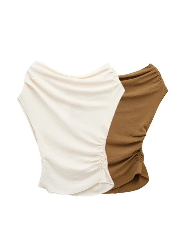 TRZA Women's Asymmetric Draped Blouse O-Neck Sleeveless Chic Fashion Top Female Shirt