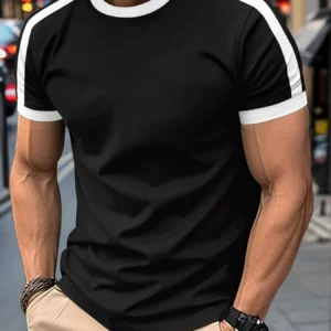 New Summer Elastic Casual Short-Sleeved Men's Daily Party Home Social Color matching T-Shirt Solid Color Vintage Streetwear Top