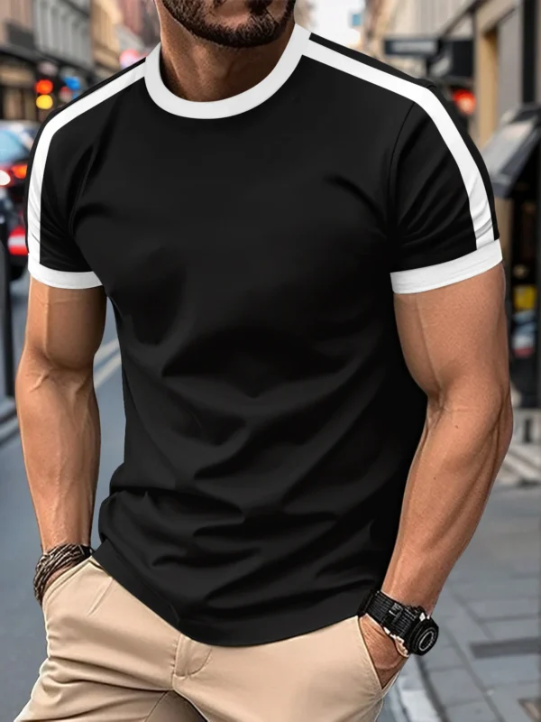 New Summer Elastic Casual Short-Sleeved Men's Daily Party Home Social Color matching T-Shirt Solid Color Vintage Streetwear Top