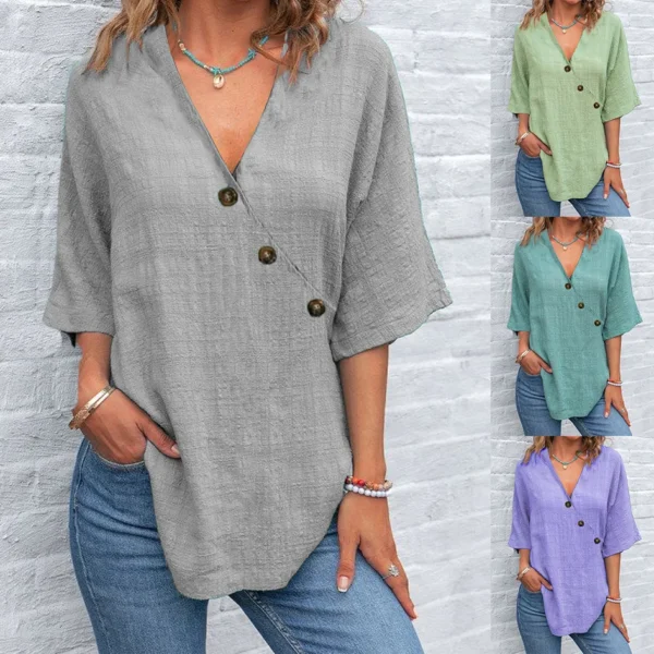 Women's Shirt Top V-neck Solid Casual Loose Shirt Summer Fashion V Neck Elegant Short Sleeve Party Tops Shirts Womens Clothing - Imagen 6