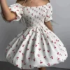 Traf 2025 Spring/Summer White Cherry Printed Bubble Short Sleeve Dress, Sexy Off Shoulder Knee, Daily Casual Versatile Dress