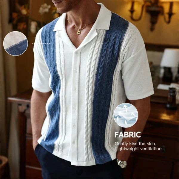 Slavinson Men's Short Sleeve Summer Knit Lapel Striped Polo Shirt Fashion Light Luxury Popular Knitwear Breathable Top US Size - Imagen 4