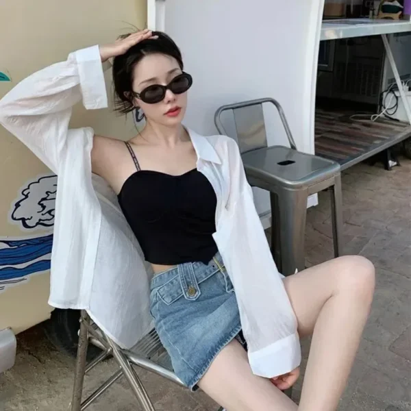 Thin Long Sleeve Sunscreen Shirt Woman Korean Fashion Back Split Lace Up White Shirts Women Casual Loose Holiday Beach Blouse - Imagen 3
