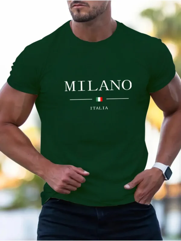 Summer men's casual sports loose plus MILANO print comfortable shopping round neck short sleeved T-shirt top - Imagen 3