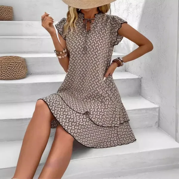 2024 Elegant Women's Casual Loose Ruffle Mini Dress Bohemian Printed V-neck Lace-up Small Flying Sleeve Dresses For Women - Imagen 3