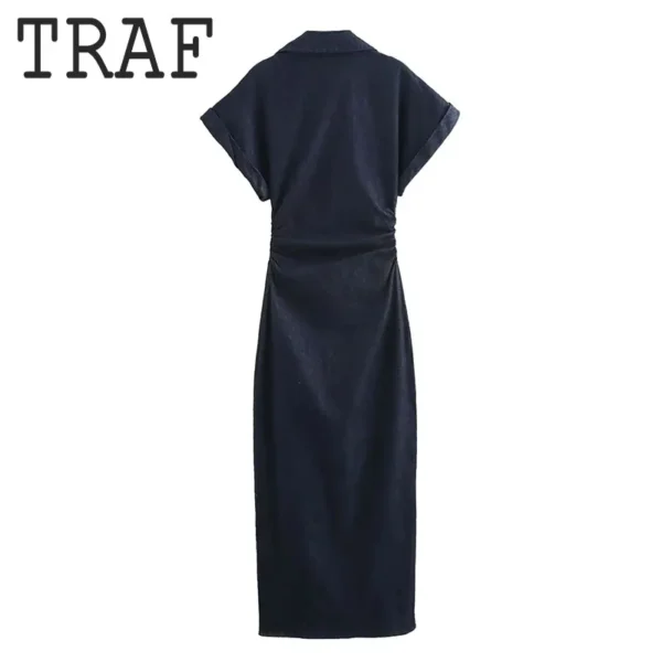 TRAF Pleated Single Breasted Denim Dress Women Fashion Short Sleeve Elegant Dresses 2025 Lady Chic Commute Casual Midi Dress ﻿ - Imagen 4