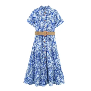 YENKYE New Women With Belt Embroidered Printed Shirt Dress Front Button Short Sleeve Lapel Collar A-line Midi Summer Dresses