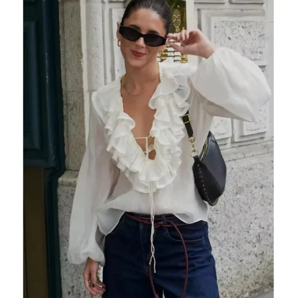 TRAF 2025 Ruffle Blouses for Women Semi Sheer Casual Blouses Woman Pleated Summer Shirts and Blouses Women Long Sleeve Women Top - Imagen 3