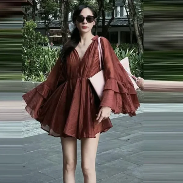 TRAF Woman 2025 Dress Ruffle Long Sleeve Mini Dress Summer Tie Fairy Short Dresses For Women Pleated Elegant Party Dresses 088 - Imagen 3