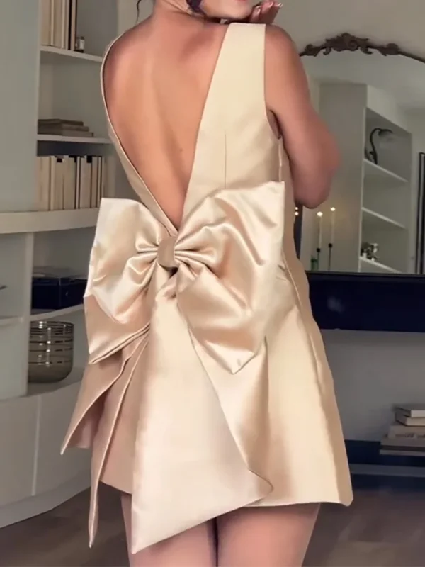 Summer Women Bow Patchwork Chic Mini Dress, Backless Square Collar Simple Party Dress, New Fashion Sleeveless Sweet Ladies Dress - Imagen 6