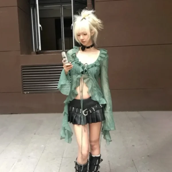 Karrram Japanese Y2k Lace Shirt Vintage 2000s Style Ruffles Blouses Grunge Aesthetics Irregular Green Shirts American Retro 90s - Imagen 5
