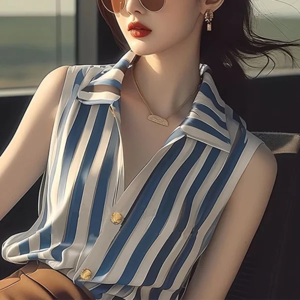 Fashion Lapel Button Printed Sleeveless Striped Shirt Women's Clothing 2025 Summer New Casual Tops Office Lady Blouse